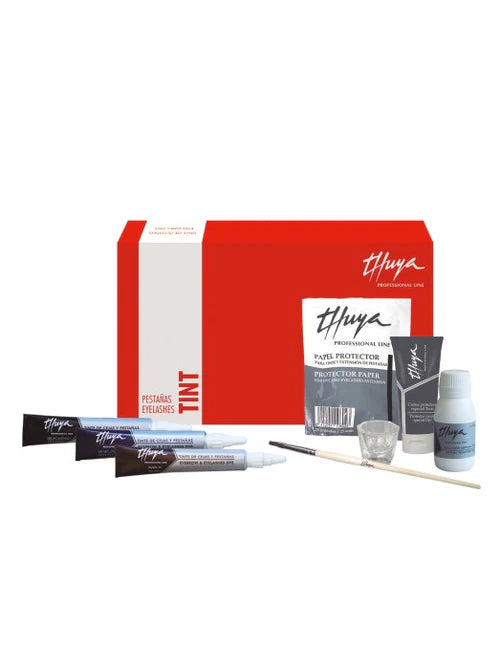 Red & white box of Thuya eyelash tinting supplies with items included set out in front of it.