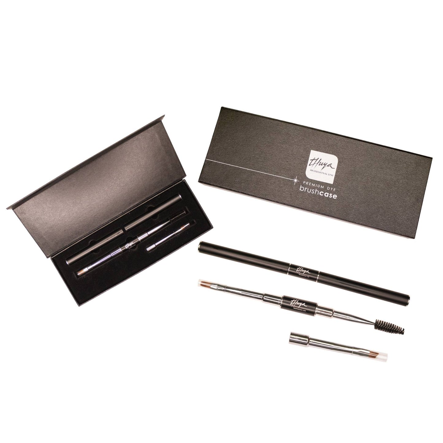 Premium Dye Brush Kit by Thuya from A & E Beauty Supplies, includes three heads for brow and eyelash dyeing.In a brown display box