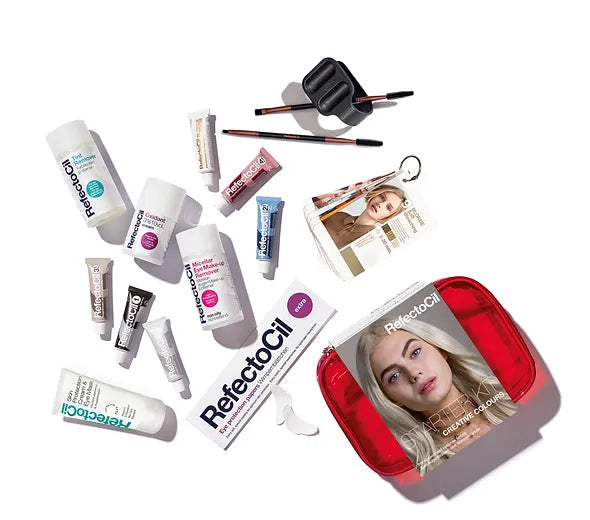 "RefectoCil Tinting Starter Kit (Creative Colours), professional lash and brow tinting kit with custom color options.
Plastic case with 16 items inside to help you get started with tinting
1 x RefectoCil Blonde Brow 15 ml
5 x RefectoCil Colours 15 ml (pure black, graphite, deep blue, light brown, red)
1 x Skin Protection Papers Extra (80 pcs.)
1 x Skin Protection Cream & Eye Mask 75 ml
2 x Cosmetic Brushes + rubber spoolie"