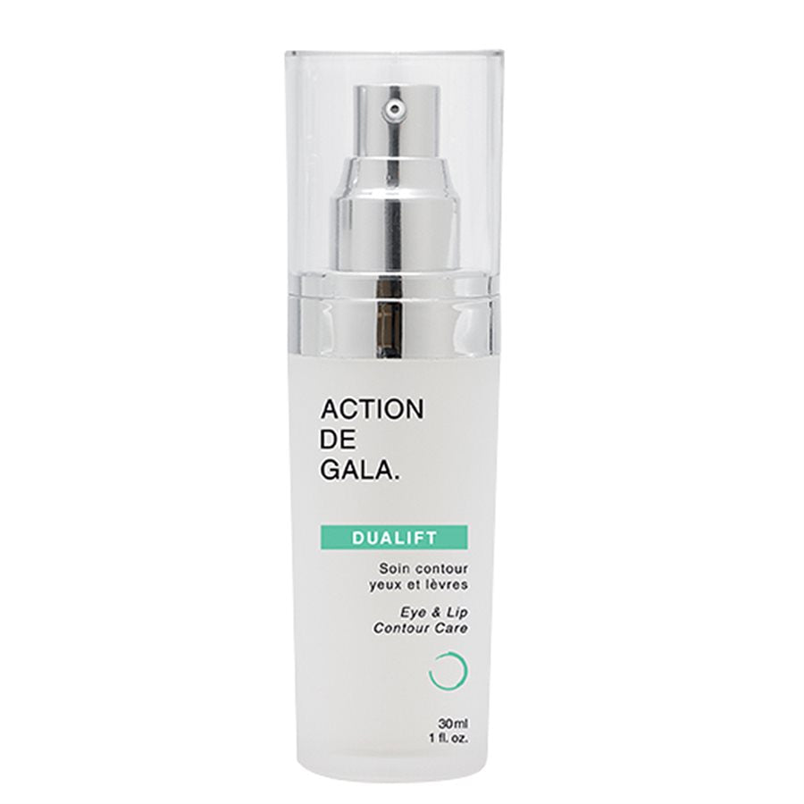 "A sleek bottle of Action de Gala Dualift Eye & Lip Contour Care, formulated to firm and rejuvenate the delicate skin around the eyes and lips, available at A & E Beauty Supplies"