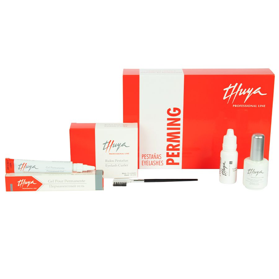 Thuya Eyelash Perming Kit Classic, including perming solutions and tools for creating long-lasting, curled lashes, displayed in professional packaging on a clean, neutral background.