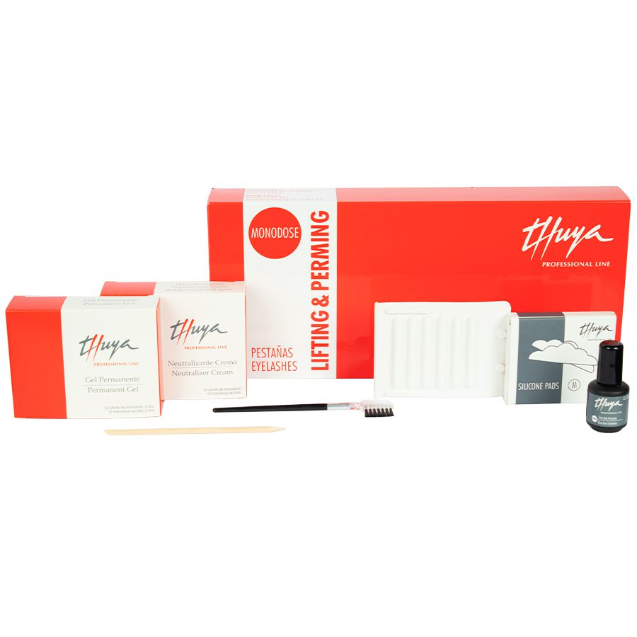 Thuya Eyelash Perming Kit Monodose - A & E Beauty Supplies The Permanent Eyelash Kit contains everything you need to do for this service. The Kit contains: 1 x Glue, 12 x permanent gel single-use, 12 x neutralizer single-use, 30 x mixed curlers, 1 x comb brush, and 1 x orange stick.