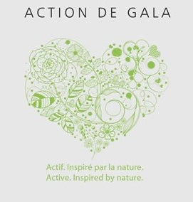 Image of a heart made up of flowers and lines. Says Action De Gala, Active. Inspired by Nature.