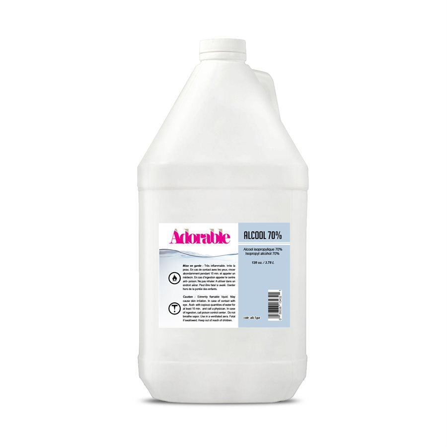 70% Isopropyl Alcohol 1 gallon (3.78L) container for cleaning and disinfecting tools, surfaces, and more. Large plastic bottle with liquid inside