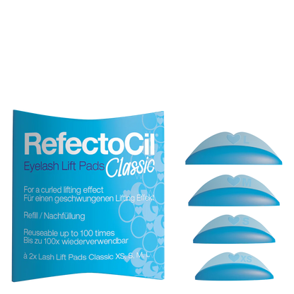 Blue package that says RefectoCil Eyelash Lift Pads Classic along with 4 pads showing the 4 sizes (XS, S, M & L)