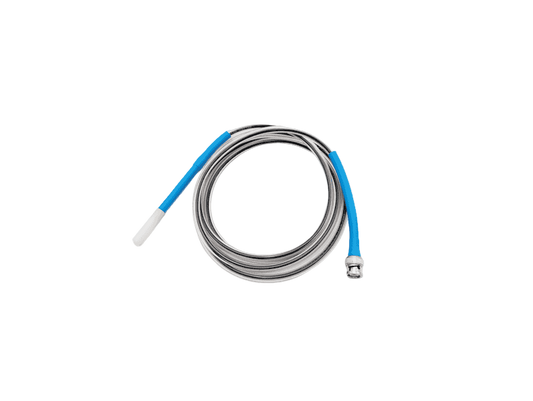 Coiled cable with blue connector on a white background