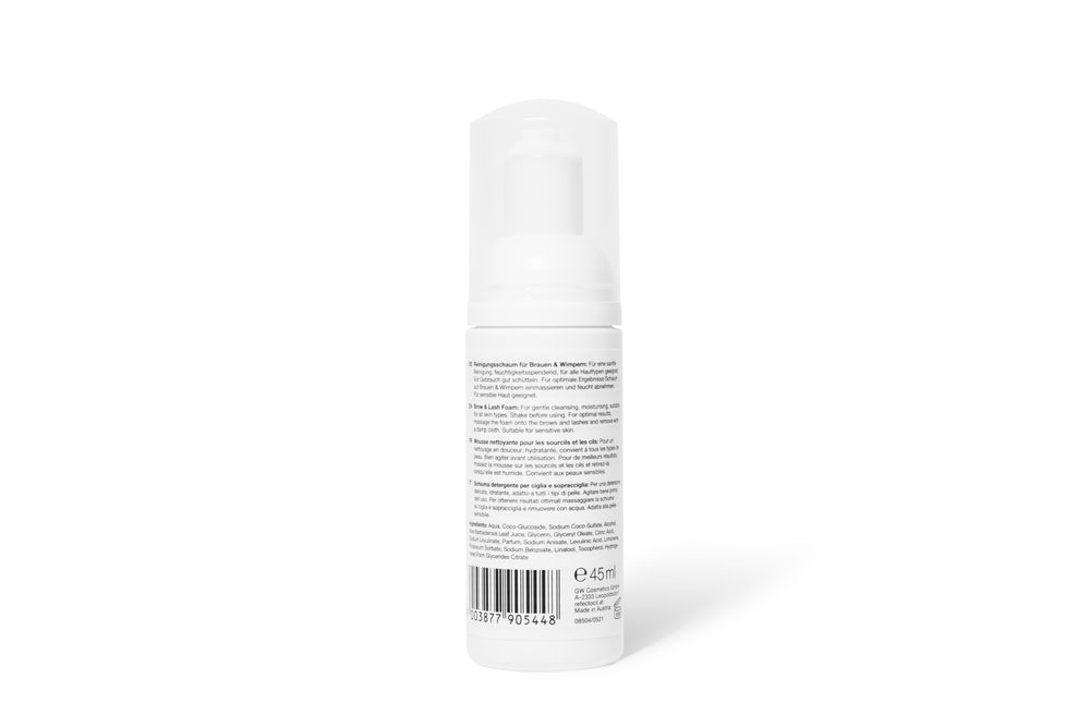 RefectoCil Brow & Lash Foam, 45ml bottle, designed for gentle cleansing during lash and brow treatments, white bottle with push top, clear cap, displayed on a clean, neutral background.