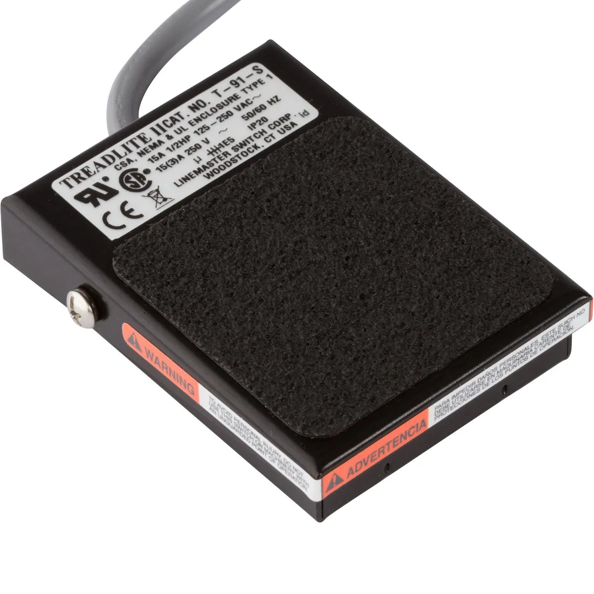 "Black single pedal footswitch with a 3-pronged round plug, designed for Fischer  electrolysis machines. The pedal measures approximately 2.5 inches by 3.5 inches and comes with a 7-foot cord. It features an internal sealed microswitch for long-lasting use, ideal for professional electrolysis treatments."