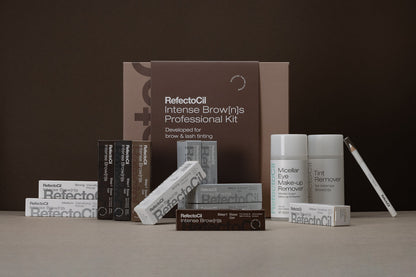 RefectoCil Intense Browns Kit for creating bold, long-lasting eyebrow and eyelash tints, perfect for professional beauty treatments. whole collection of refectocil products for Brows  and lashes, 14 items
1 x Micellar Eye Make-up Remover 150 ml
2 x Medium Intensifying Primer 15 ml
2 × Strong Intensifying Primer 15 ml
1 × Base Gel Ash Brown 15 ml
1 × Base Gel Chocolate Brown 15 ml
1 × Base Gel Deep Brown 15 ml
1 × Base Gel Black Brown 15 ml
4 x Activator Gel 15 ml
1 x Tint Remover Intense Brow[n]s 150 ml
