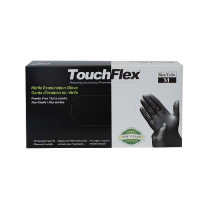TouchFlex Nitrile Examination Gloves | Powder Free 5 Mil | Black - Box of 100 - Size Small black nitrile gloves 
enhanced grip, and are latex-free, reducing the risk of allergic reactions. They are powder-free, ambidextrous, and intended for single-use only
Tattoo 
Electrolysis 
laser hair removal 
brows 
lashes
personal service PPE
permanent makeup
mocroblading 
makeup 
hair
"A box of black Nitrile Exam TouchFlex Powder-Free Gloves, 5 mil thickness, ideal for hygiene and precision
