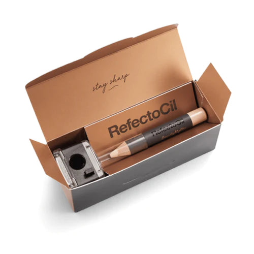 RefectoCil Brow Highlighter Set with silk powder for soft shimmer and eye-lifting effect, including makeup sharpener – A & E Beauty Supplies. grey box with large pencil inside