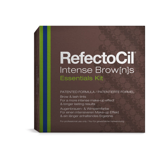 RefectoCil Intense Brow[n]s Essentials Kit with shades, tools, and primers, available at A & E Beauty Supplies.This professional kit includes four vibrant shades, primers, activator gel, brushes, and brow mapping tools. Create personalized, long-lasting results using techniques like Ombre Shading, Full Brow, and Brow Filling.Brown box green and blue stripes