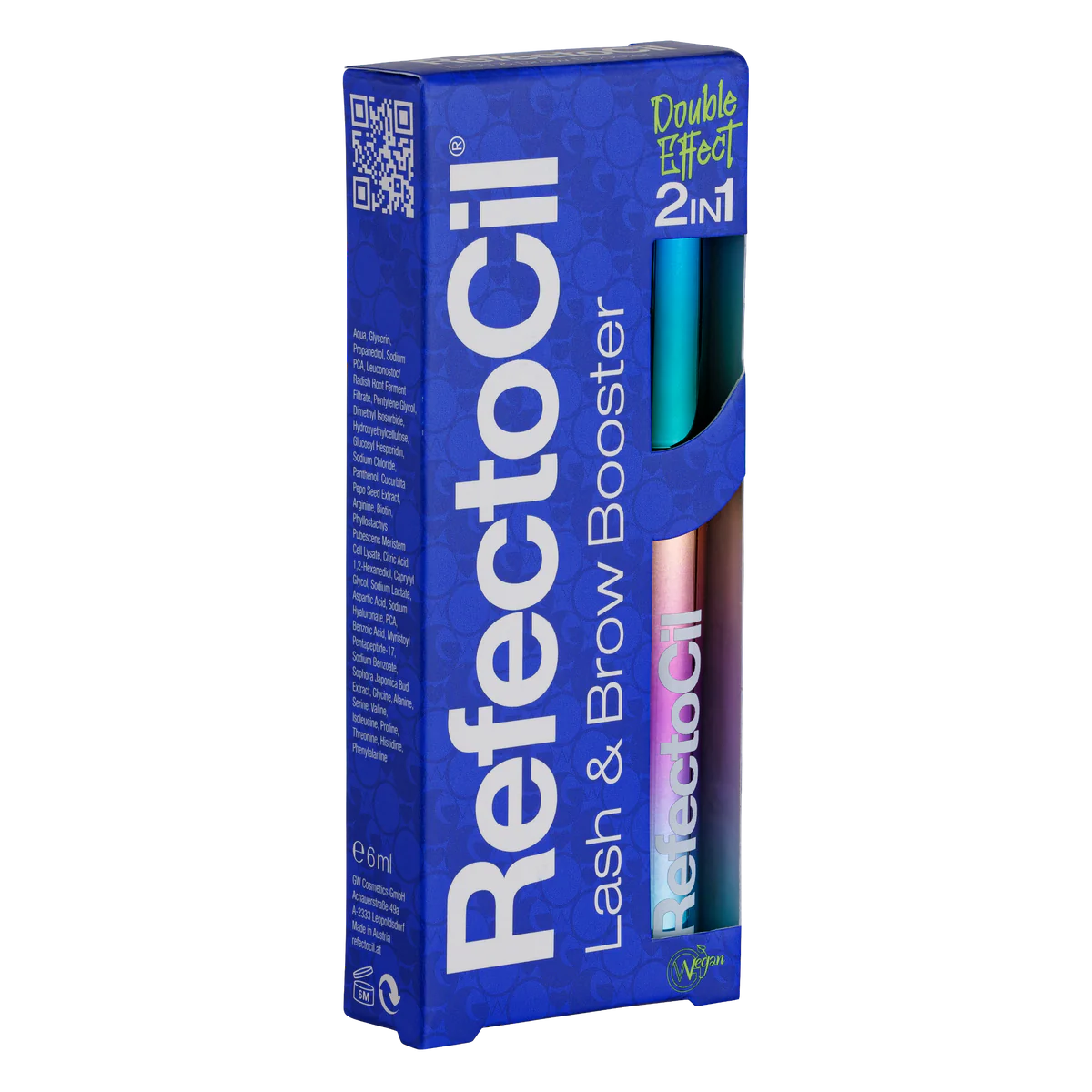 "RefectoCil Lash & Brow Booster (6ml) from A & E Beauty Supplies for enhancing lash length and brow fullness. This 2-in-1 serum nourishes and enhances lashes and brows, this blue box with rainbow containers inside"