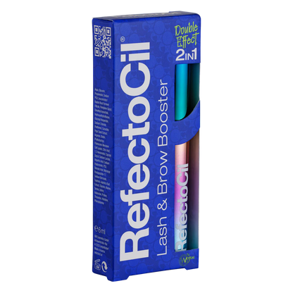 "RefectoCil Lash & Brow Booster (6ml) from A & E Beauty Supplies for enhancing lash length and brow fullness. This 2-in-1 serum nourishes and enhances lashes and brows, this blue box with rainbow containers inside"