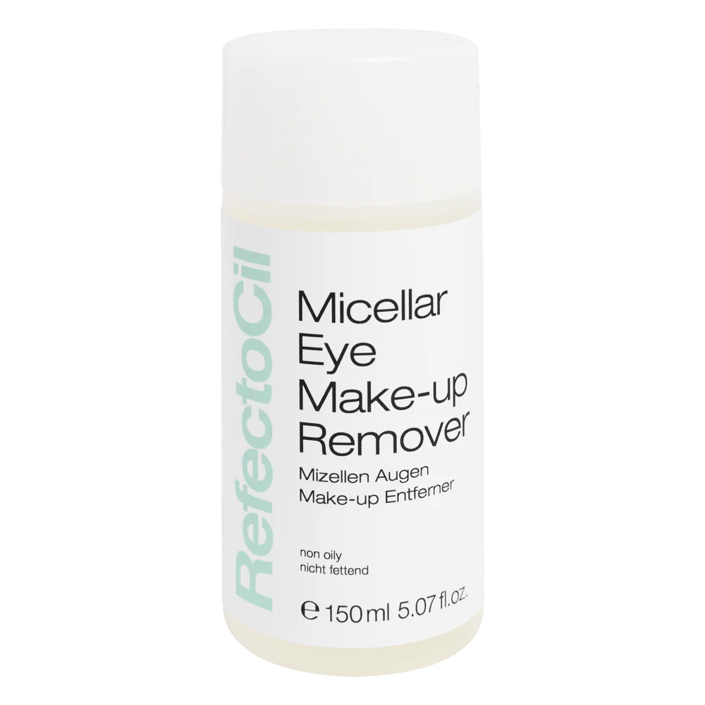 White 150ml bottle of RefectoCil Micellar Eye Make-Up Remover with a teal label, designed for gentle, non-oily makeup removal before brow and lash treatments.