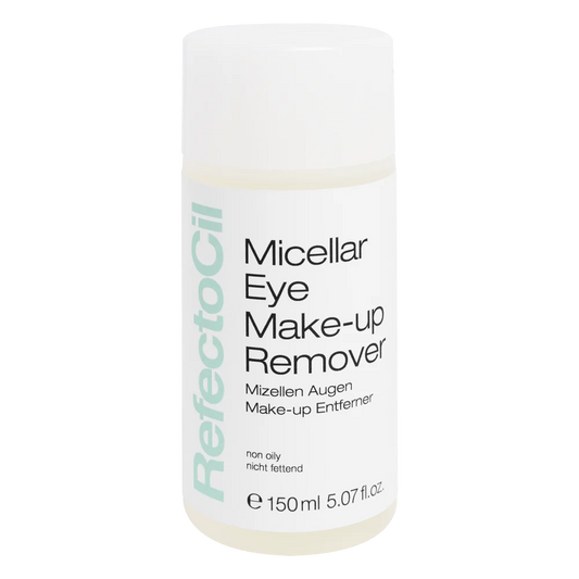 White 150ml bottle of RefectoCil Micellar Eye Make-Up Remover with a teal label, designed for gentle, non-oily makeup removal before brow and lash treatments.