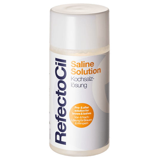 RefectoCil Saline Solution 11 ml bottle for eyelash and eyebrow tinting, used to cleanse and optimize tint results, clear liquid. Round plastic container with orange and blue lettering