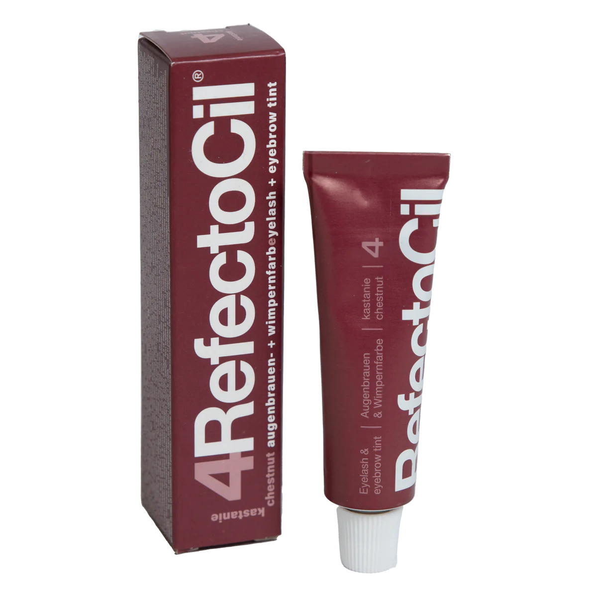 RefectoCil Tint in various shades. Each tube is color-coded to match the tint shade, and the packaging features the RefectoCil logo and product name in bold lettering. The tints are used for brow tinting and lash tinting services, offering a wide range of colors to suit different client preferences. The tubes are arranged on a clean, white background to emphasize the variety and high-quality of the product. RefectoCil Eyelash & Eyebrow Cream Hair Tints.  Chestnut Eyelash tint, Chestnut Eyebrow tint 15 ml