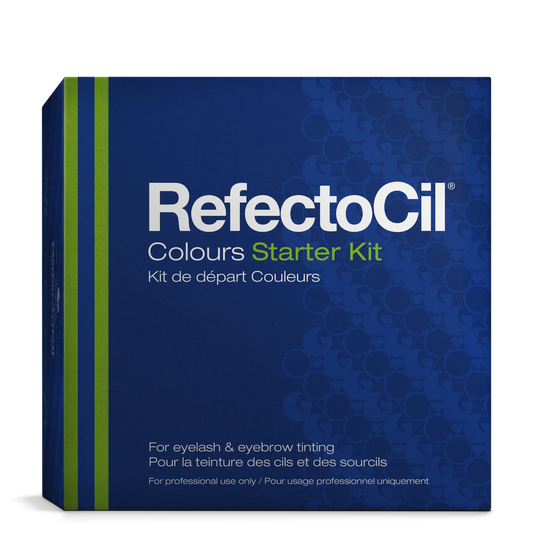 RefectoCil Professional Tinting Starter Kit, including tints, tools, and guides, available at A & E Beauty Supplies. The Colours Starter Kit is ideal for practice purposes in schools and for anyone working with RefectoCil® eyebrow and eyelash tints for the first time. Perfect for students and beginners in lash and brow tinting. Blue box with white lettering with green stripes