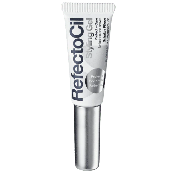 Refectocil Styling Gel, a clear gel for shaping and setting brows and lashes, providing long-lasting hold for a polished look. A soft tube with a silver cap