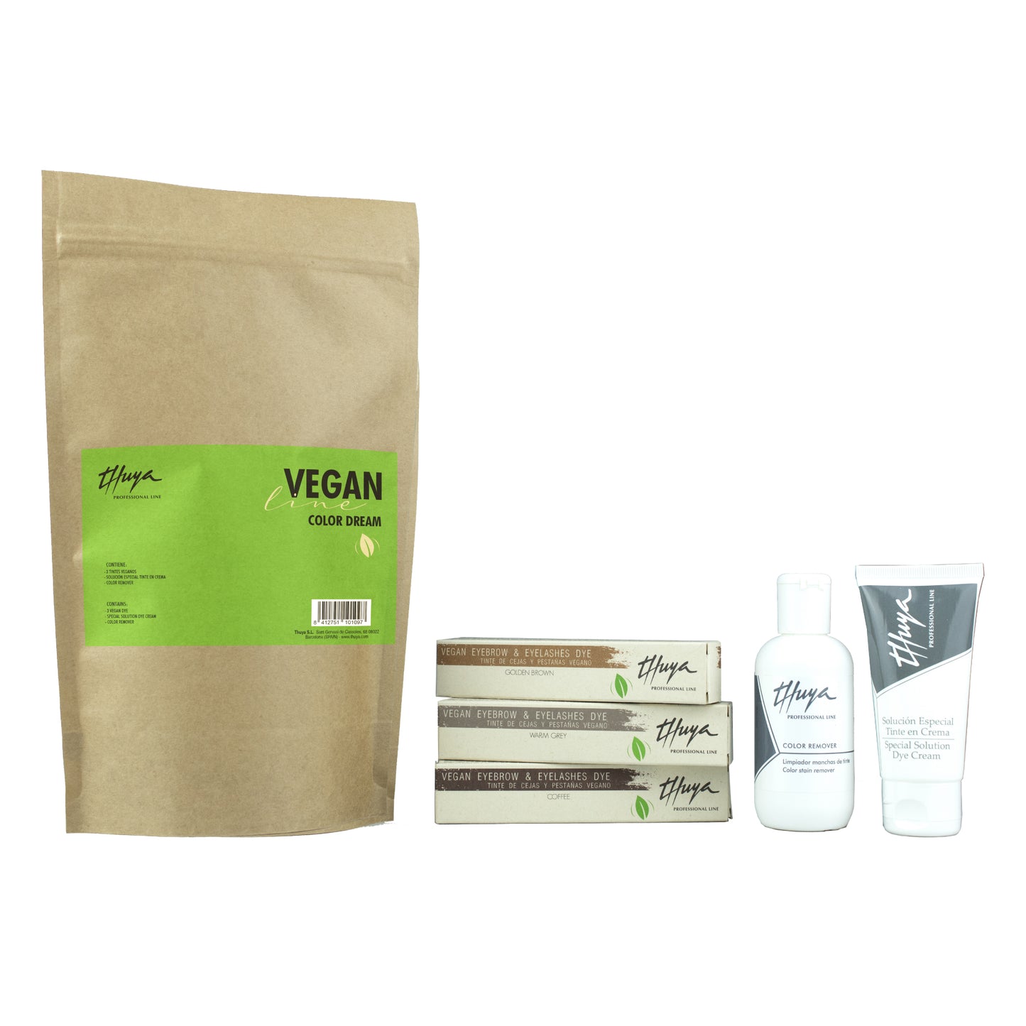Thuya Vegan Color Dream Kit with vegan-friendly dyes and eco-friendly packaging  from A & E Beauty Supplies.
This kit includes:
3 Vegan dyes 14 ml
Special cream dye solution 50 ml
Color Remover 100 ml. Brown bag with green lettering