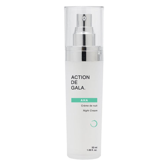 A jar of Action de Gala AHA Night Cream (34-6024) with a sleek, professional design, formulated to exfoliate and hydrate skin overnight, available at A & E Beauty Supplies