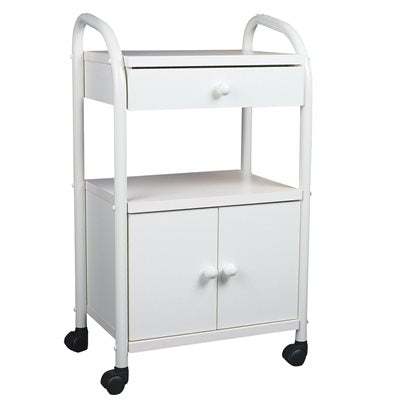 "Constella Advantage Cart with Drawer & Cabinet in white, offering organized storage space for beauty tools and accessories."
