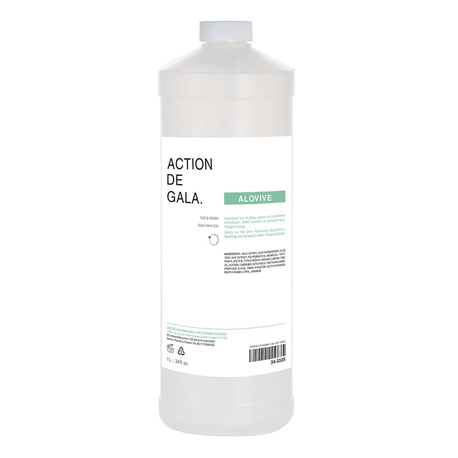 "A 1L bottle of Alovive Aloe Gel by Action de Gala, a soothing and hydrating aloe vera gel ideal for post-treatment care, available at A & E Beauty Supplies. Perfect for after electrolysis, laser, waxing, sugaring, tweezing, threading."
