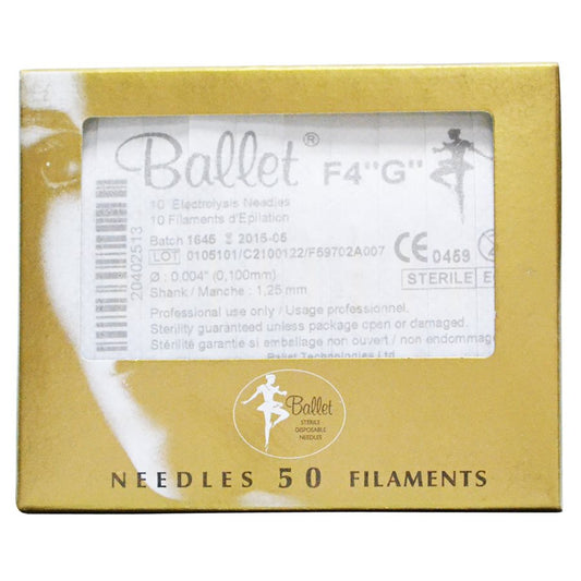 This box of 50 filaments is ideal for professional electrolysis treatments, on all skin and hair types. Choose Ballet Gold Filaments for a reliable, hypoallergenic solution. This box of 50 filaments is ideal for professional electrolysis treatments, offering durability, smooth insertion, and optimal results on all skin and hair types. Choose Ballet Gold Filaments for a reliable, hypoallergenic solution to permanent hair remoermanent hair removal. This thin Gold box has White insert  50 Gold needles inside