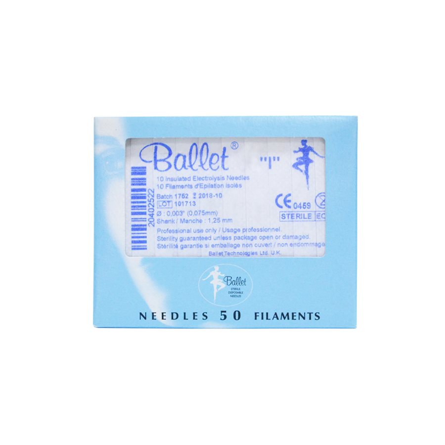 Ballet Insulated Filaments - Box of 50 for Electrolysis Hair Removal | A & E Beauty Supplies. Blue thin box with white centre on face