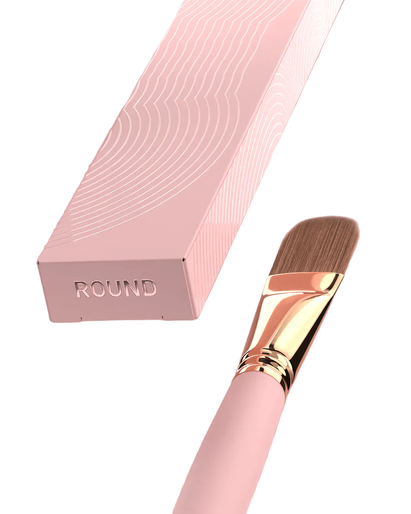 Brow Daddy Framework Master Brush, available in 2 options, for precise application in brow makeup and microblading, displayed on a clean, pink background , brush aside a bo