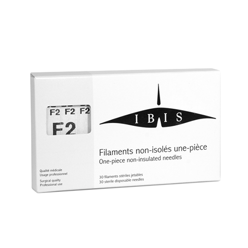 Ibis F2 Non-Insulated Needle - 30pcs for Electrolysis Hair Removal | A & E Beauty Supplies. white box with black lettering 