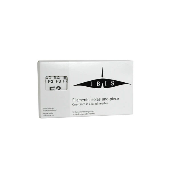Ibis F3 Non-Insulated Needle - 30pcs for Electrolysis Hair Removal | A & E Beauty Supplies. white box with black lettering 