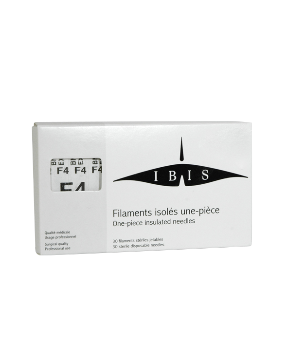 Ibis F4 Non-Insulated Needle - 30pcs for Electrolysis Hair Removal | A & E Beauty Supplies. white box with black lettering 