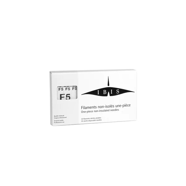"Ibis F5 Non-Insulated Needle - 30pcs for Electrolysis Hair Removal | A & E Beauty Supplies. white box with black lettering 