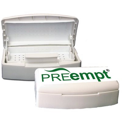 Preempt Sterilization Box 250ml for efficient and safe sterilization of tools in beauty and medical settings. white box that opens in the middle with a tray on the inside