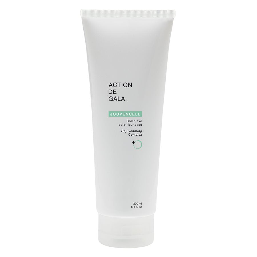 A 200ml bottle of Jouvencell Rejuvenating Complex by Action de Gala, an advanced anti-aging formula ideal for professional facials and home skincare, available at A & E Beauty Supplies. A Clean white bottle with a hard white cap