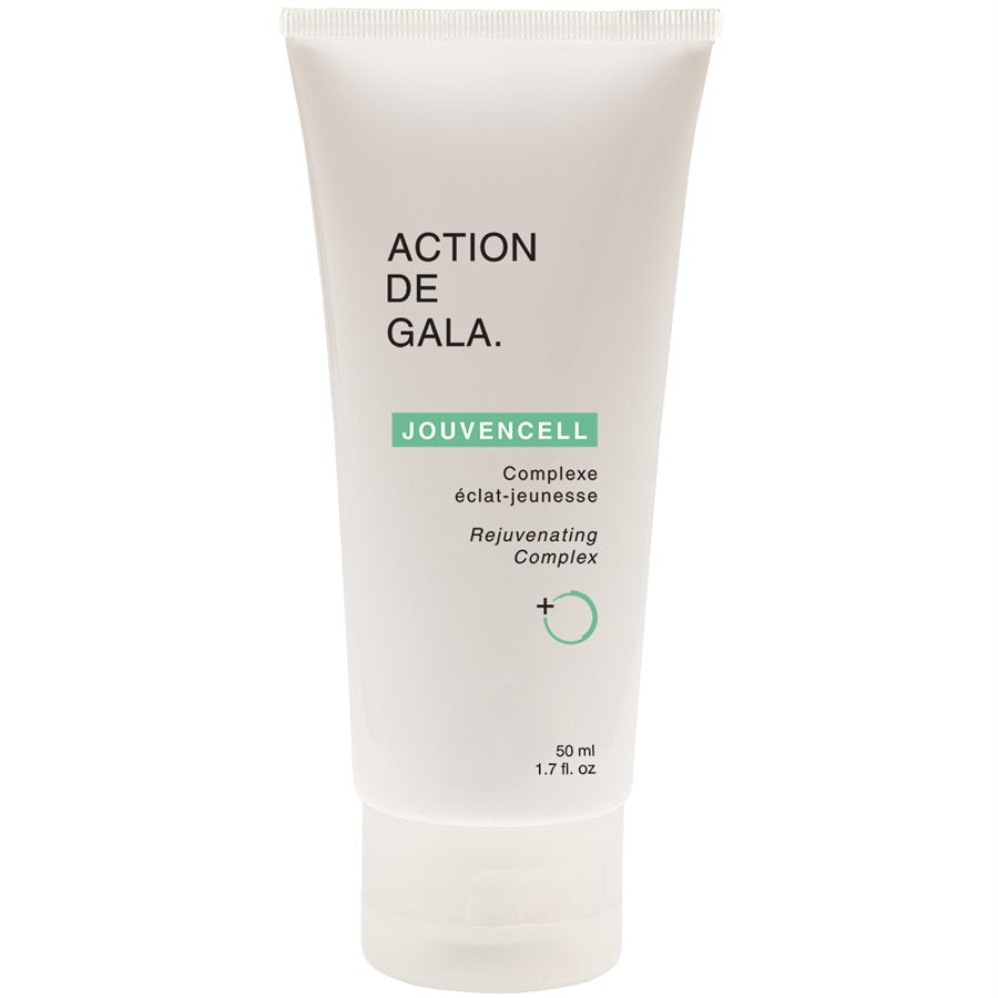 A 50ml bottle of Jouvencell Rejuvenating Complex by Action de Gala, an advanced anti-aging formula ideal for professional facials and home skincare, available at A & E Beauty Supplies. A Clean white bottle with a hard white cap
