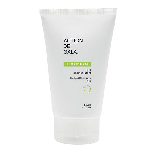 A 125 ml bottle of Limpiderm Deep Clean Gel by Action de Gala, a purifying cleanser designed for oily and combination skin, ideal for facials and daily use, available at A & E Beauty Supplies. A clean white 
bottle on a white background