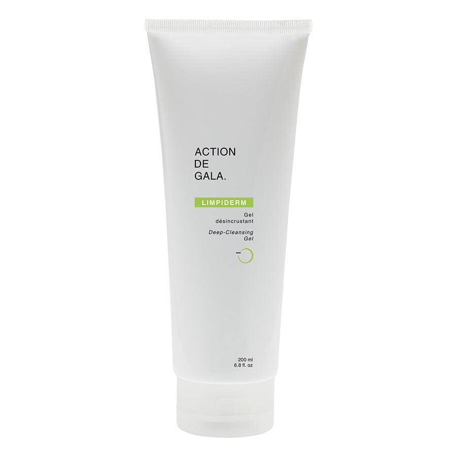 A 200 ml bottle of Limpiderm Deep Clean Gel by Action de Gala, a purifying cleanser designed for oily and combination skin, ideal for facials and daily use, available at A & E Beauty Supplies. A clean white 
bottle on a white background
