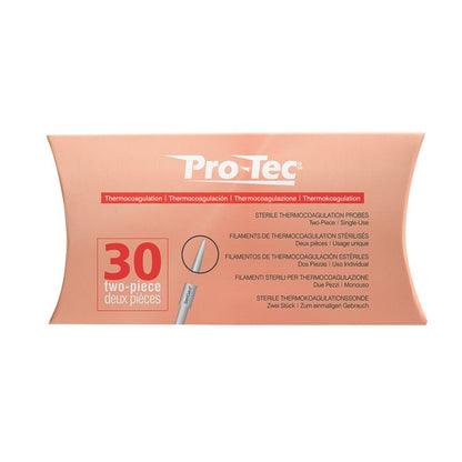 Pro-Tec Thermocoagulation Probes - 30pk for Skin Lesion and Vascular Treatments | A & E Beauty Supplies Orange cardboard box with darker orange lettering. 