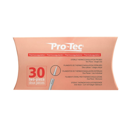 Pro-Tec Thermocoagulation Probes - 30pk for Skin Lesion and Vascular Treatments | A & E Beauty Supplies Orange cardboard box with darker orange lettering. 