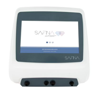 "Safina Pur microdermabrasion device designed for deep exfoliation, targeting imperfections like dark spots, wrinkles, and scars. With corundum microcrystals for exfoliating and improving skin texture."