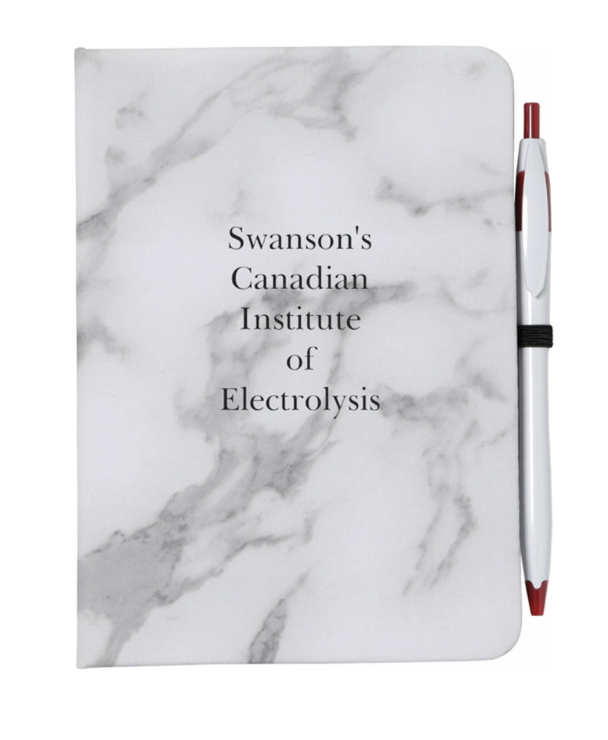 Swanson's Canadian Institute of Electrolysis Notebook with A & E pen included. Marble design and black pages for note taking
