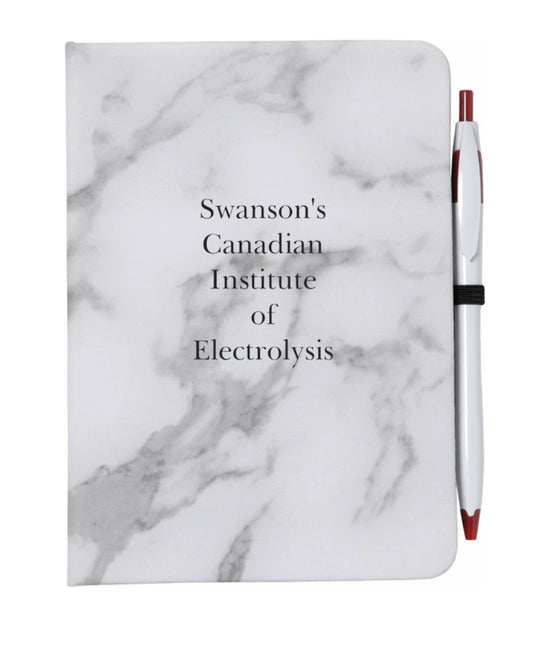 Swanson's Canadian Institute of Electrolysis Notebook with A & E pen included. Marble design and black pages for note taking
