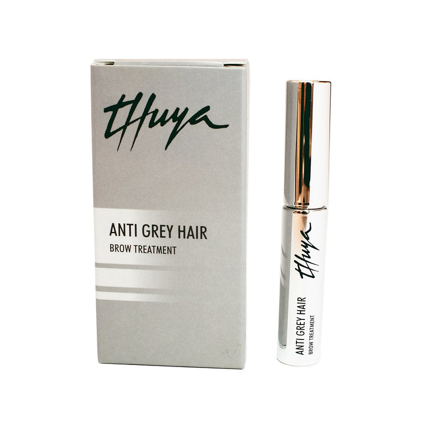 Thuya Anti Grey Hair Brow Treatment for restoring brow pigment and enhancing strength and shine, available at A & E Beauty Supplies. Sleek silver bottle in a clean white box