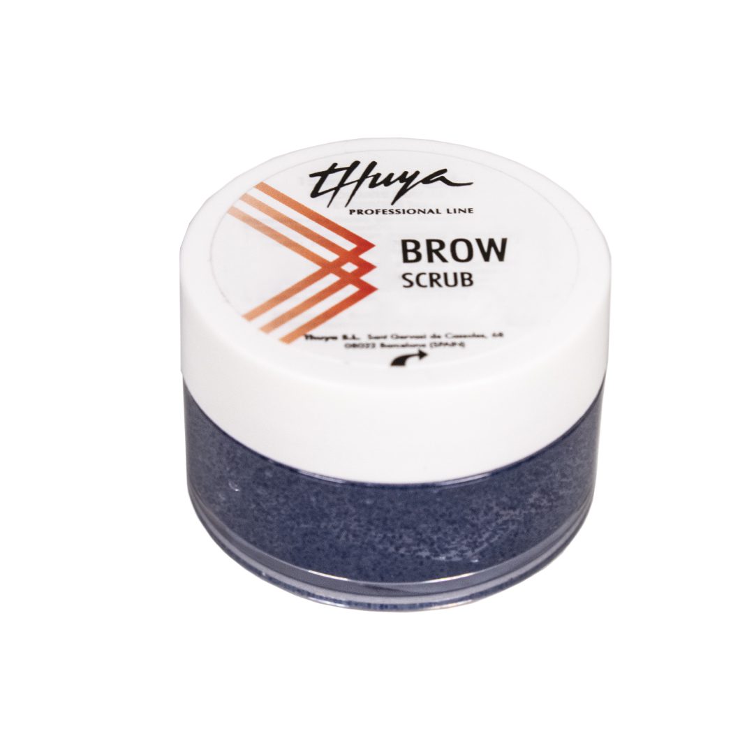 "Thuya Brow Scrub 15ml in a sleek bottle, designed for prepping brows by exfoliating and cleansing before tinting or lamination, displayed on a clean, neutral background.