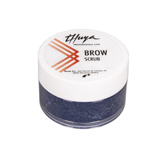 "Thuya Brow Scrub 15ml in a sleek bottle, designed for prepping brows by exfoliating and cleansing before tinting or lamination, displayed on a clean, neutral background.